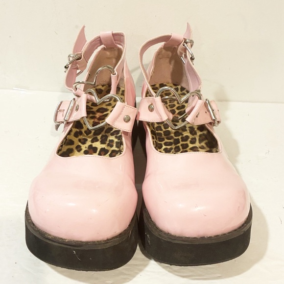 Demonia Size 12 Baby Pink Patent SPRITE-02 Platform Heart Buckle Shoes - Picture 3 of 8